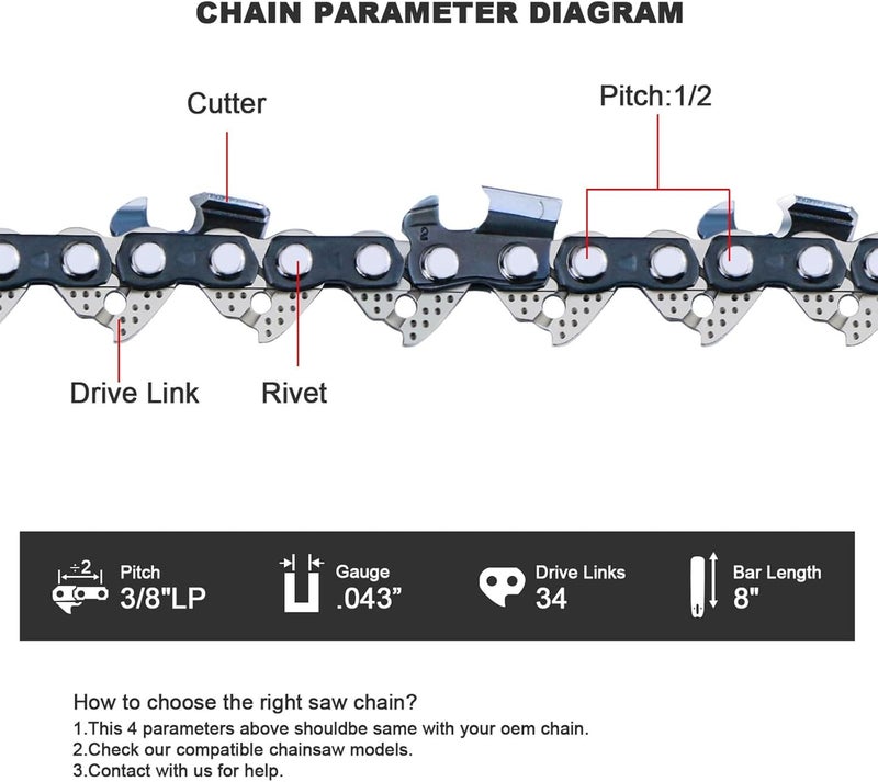 V-MODEST 3-Pack DeWalt Pole Saw Chain 8 Inch 34DL 3/8" LP Pitch .043" Gauge for DeWalt DCPS620B DCPS623B DCPS620M1 20V MAX XR Cordless Chainsaw Chain Blade Low-Kickbac Replacement DWO1DT608 -R34 - Image 3